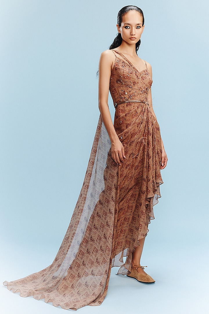 Burnt Orange Chiffon Printed Asymmetric Draped Gown by Dolly J at Pernia's Pop Up Shop