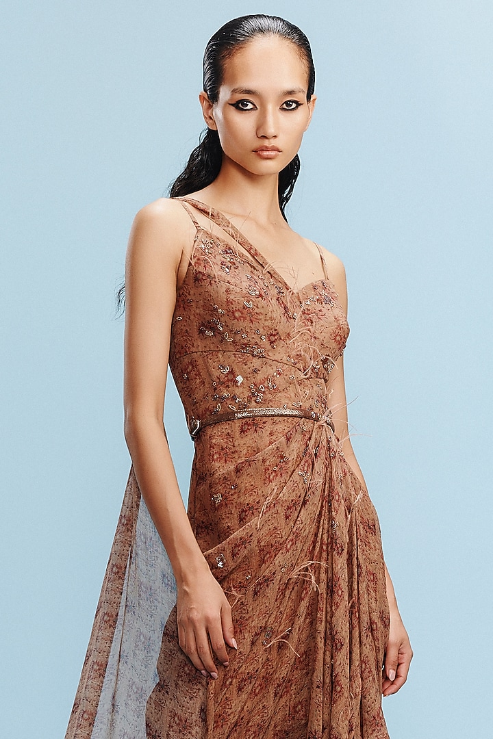 Burnt Orange Chiffon Printed Asymmetric Draped Gown by Dolly J at Pernia's Pop Up Shop 2026 Burnt Orange Chiffon Printed Asymmetric Draped Gown by Dolly J at Pernia's Pop Up Shop 2026