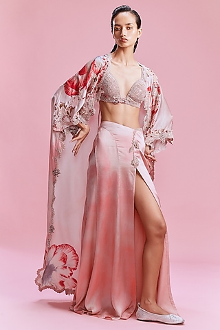 Peach Satin Straight Slit Skirt Set by Dolly J
