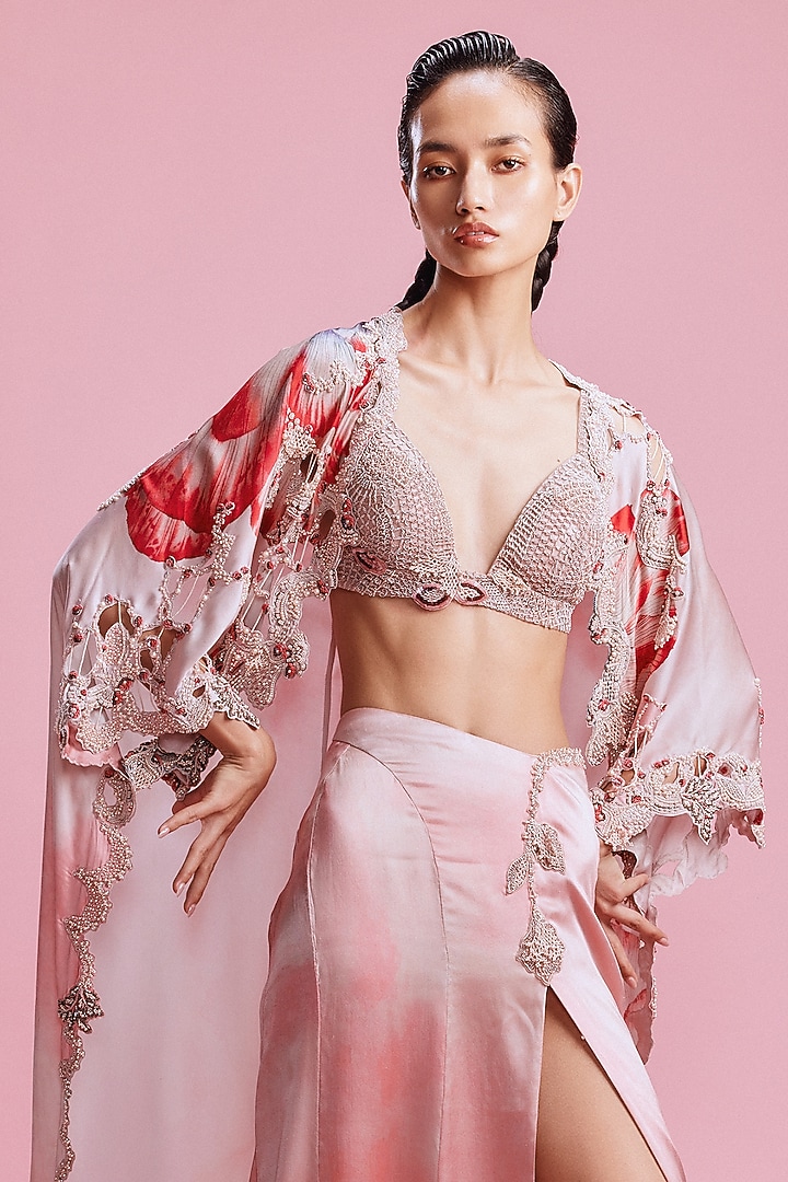 Peach Satin Straight Slit Skirt Set by Dolly J at Pernia's Pop Up Shop