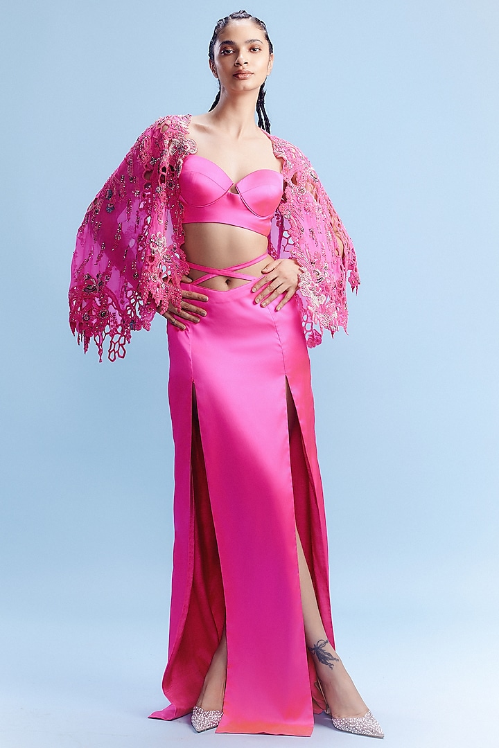 Hot Pink Satin Slit Skirt Set by Dolly J at Pernia's Pop Up Shop