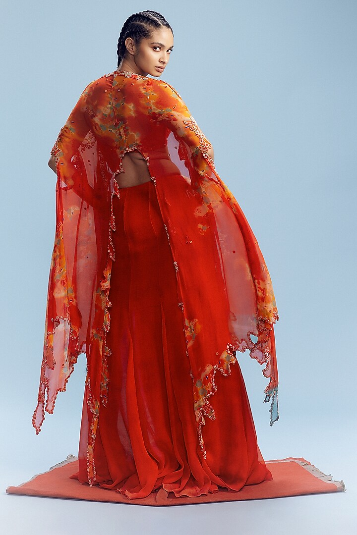 Red-Orange Chiffon Flared Slit Skirt Set by Dolly J at Pernia's Pop Up Shop