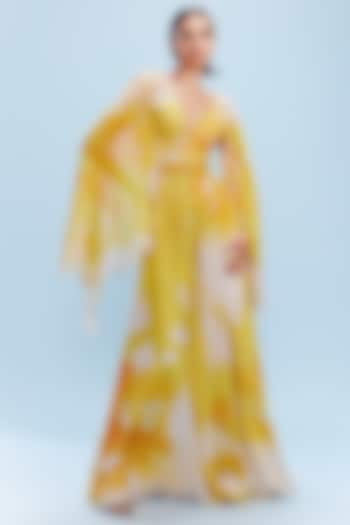 Yellow & White Chiffon Asymmetric Pearl Embroidered Jumpsuit by Dolly J at Pernia's Pop Up Shop