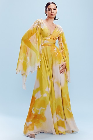 Yellow & White Chiffon Asymmetric Pearl Embroidered Jumpsuit by Dolly J