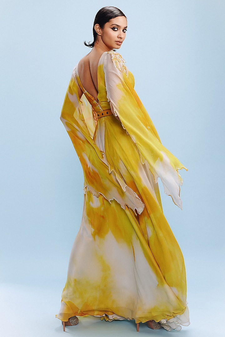 Yellow & White Chiffon Asymmetric Pearl Embroidered Jumpsuit by Dolly J at Pernia's Pop Up Shop