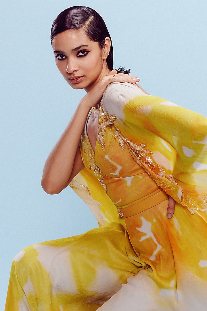 Yellow & White Chiffon Asymmetric Pearl Embroidered Jumpsuit by Dolly J at Pernia's Pop Up Shop