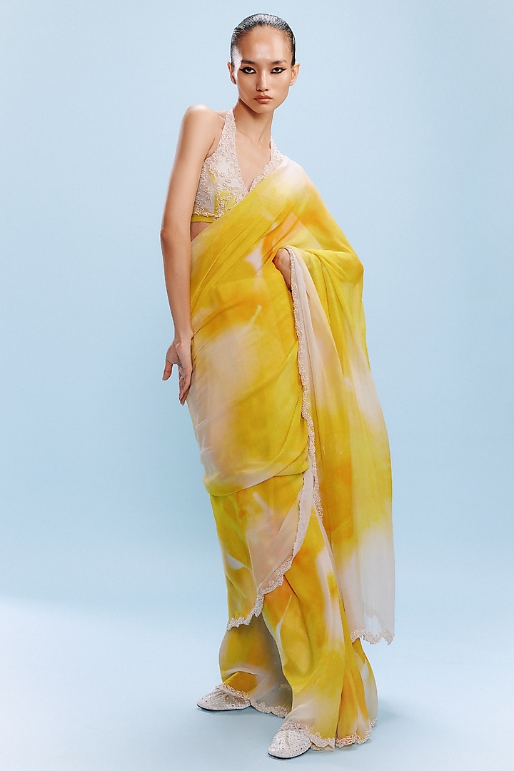 Yellow & White Chiffon Wedding Saree Set by Dolly J at Pernia's Pop Up Shop