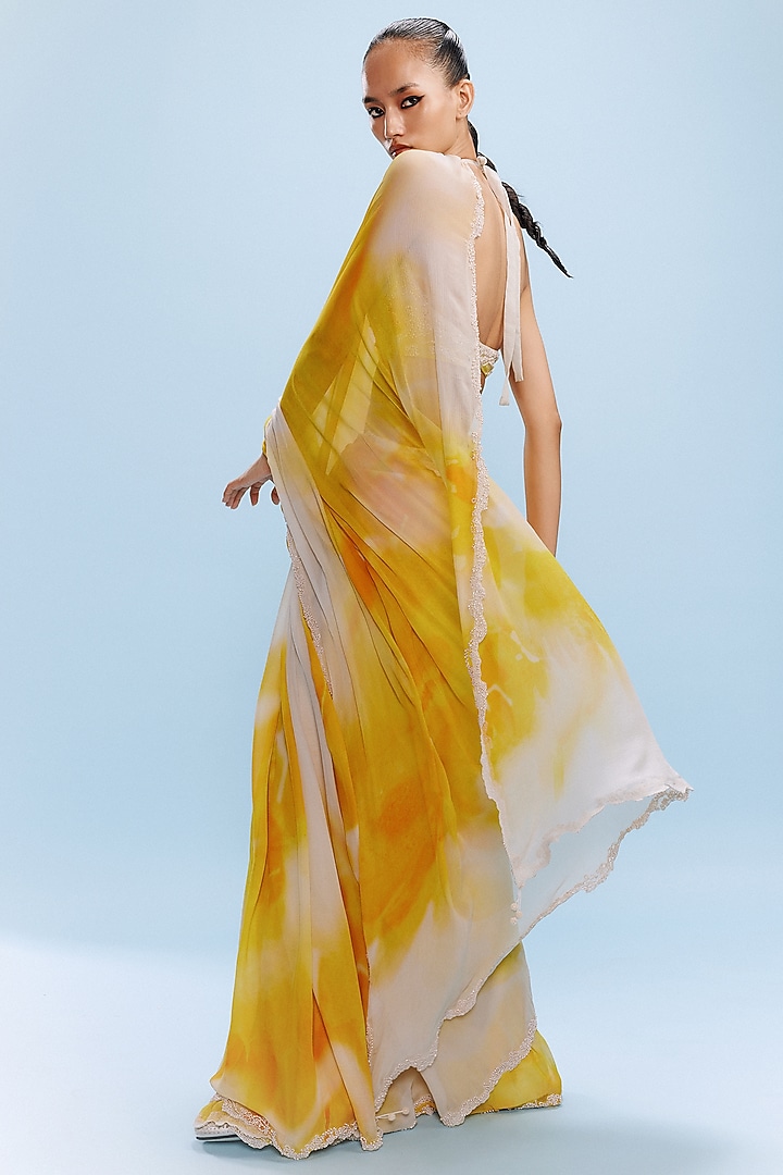 Yellow & White Chiffon Wedding Saree Set by Dolly J at Pernia's Pop Up Shop