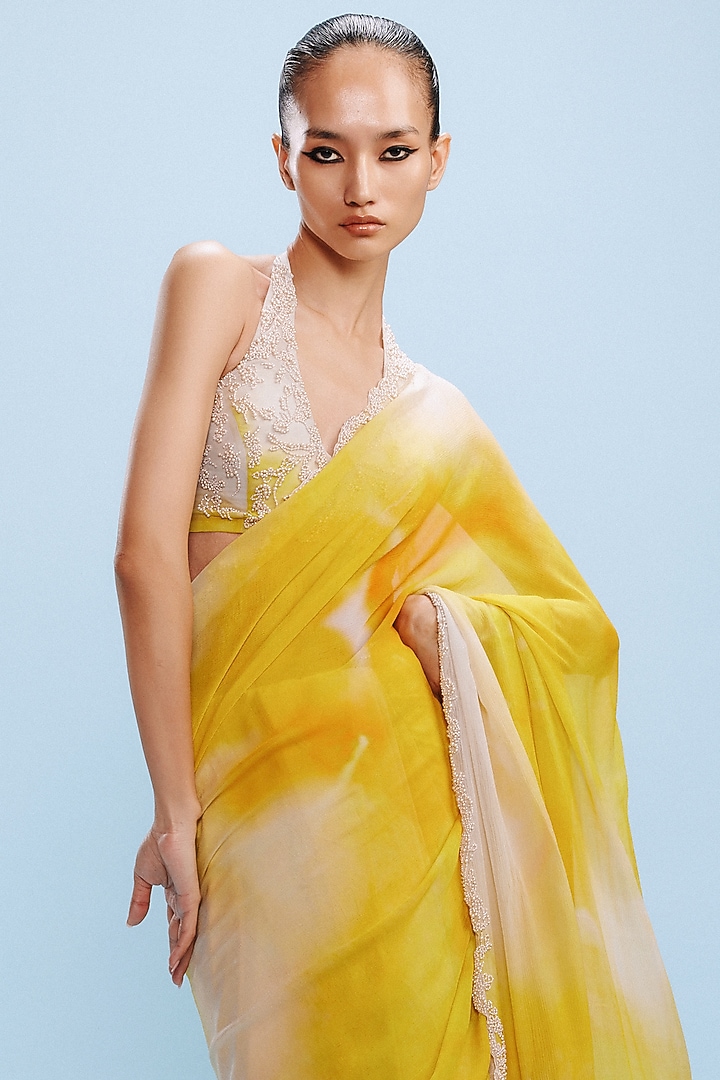 Yellow & White Chiffon Wedding Saree Set by Dolly J at Pernia's Pop Up Shop