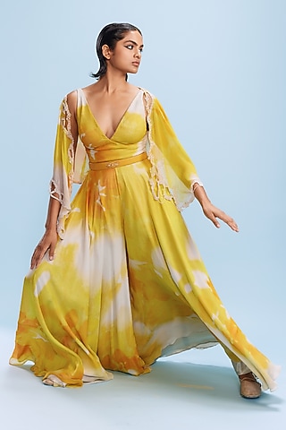 Yellow & White Chiffon Jumpsuit With Cape by Dolly J