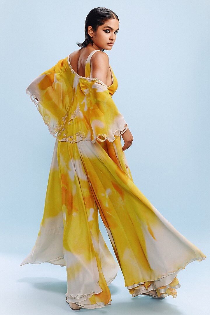 Yellow & White Chiffon Jumpsuit With Cape by Dolly J at Pernia's Pop Up Shop