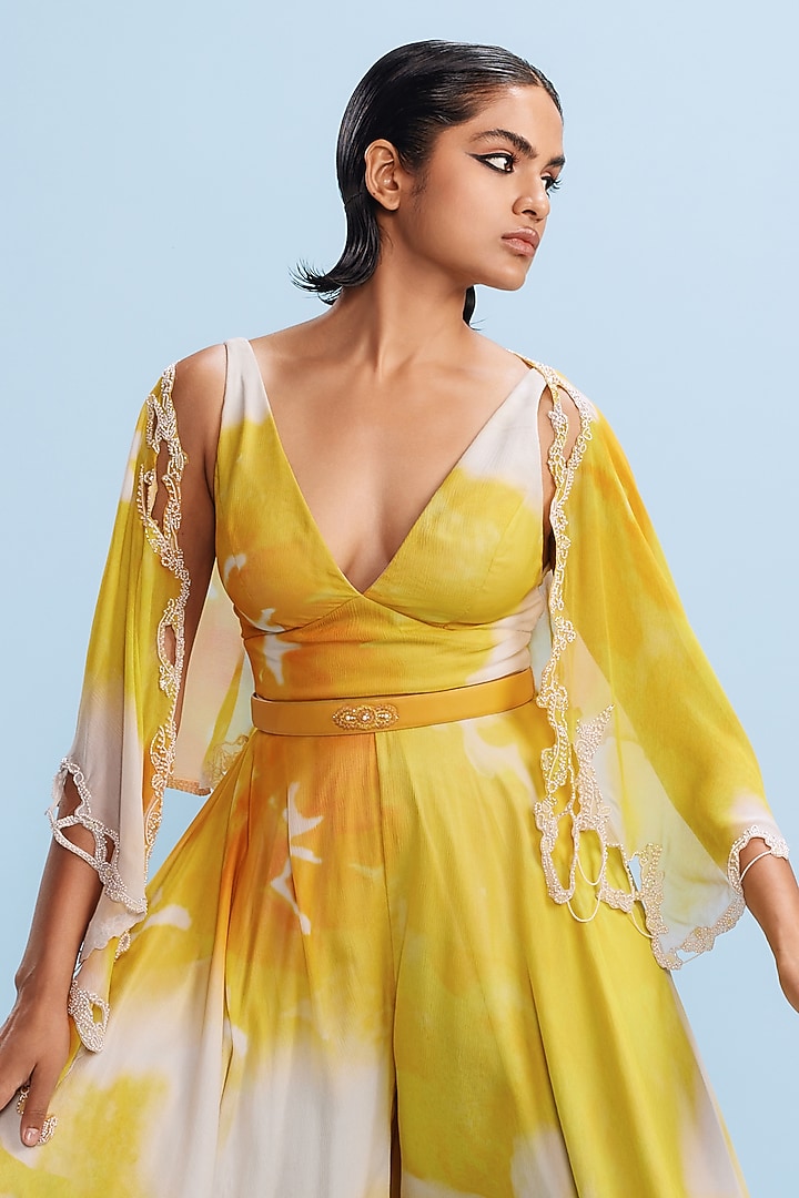 Yellow & White Chiffon Jumpsuit With Cape by Dolly J at Pernia's Pop Up Shop