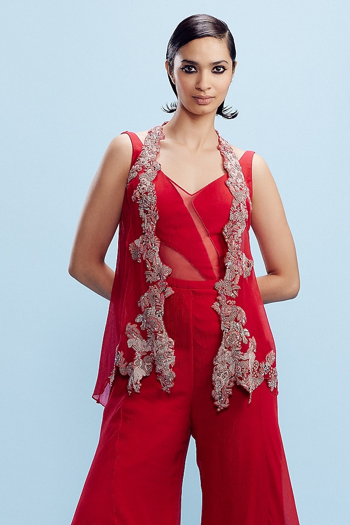 Radiant Red Chiffon Cut-Out Jumpsuit With Shrug by Dolly J at Pernia's Pop Up Shop