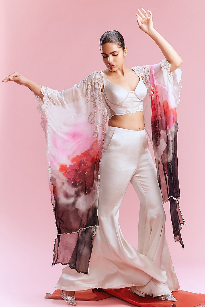 Multi-Colored Chiffon Watercolor Printed Cape Set by Dolly J at Pernia's Pop Up Shop