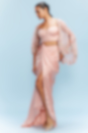 Peach Satin Draped Skirt Set by Dolly J at Pernia's Pop Up Shop