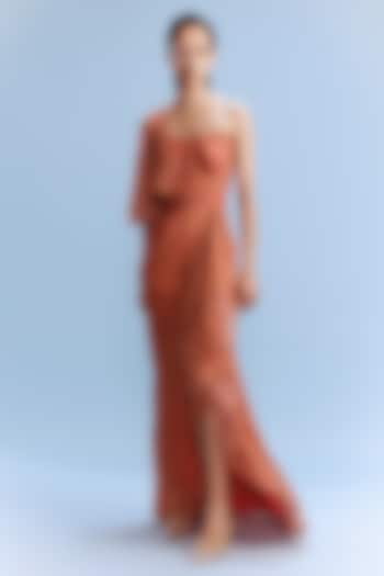 Dusky Orange Chiffon Floral Printed One-Shoulder Draped Gown by Dolly J at Pernia's Pop Up Shop