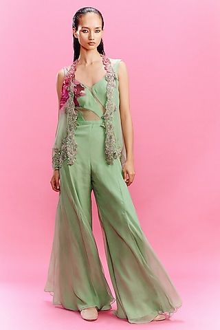 Mint Green Chiffon Floral Printed Jumpsuit With Shrug by Dolly J
