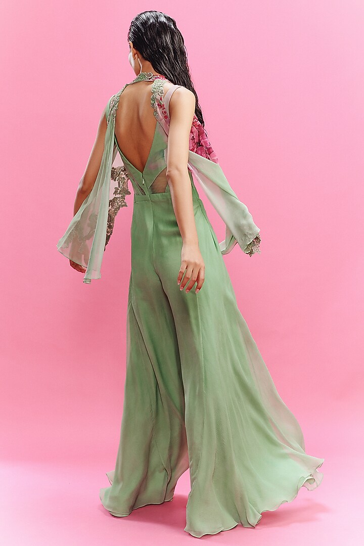 Mint Green Chiffon Floral Printed Jumpsuit With Shrug by Dolly J at Pernia's Pop Up Shop
