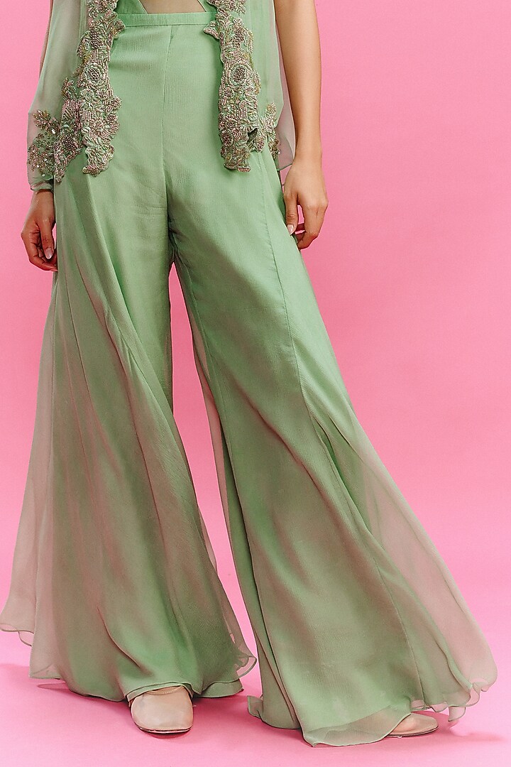 Mint Green Chiffon Floral Printed Jumpsuit With Shrug by Dolly J at Pernia's Pop Up Shop