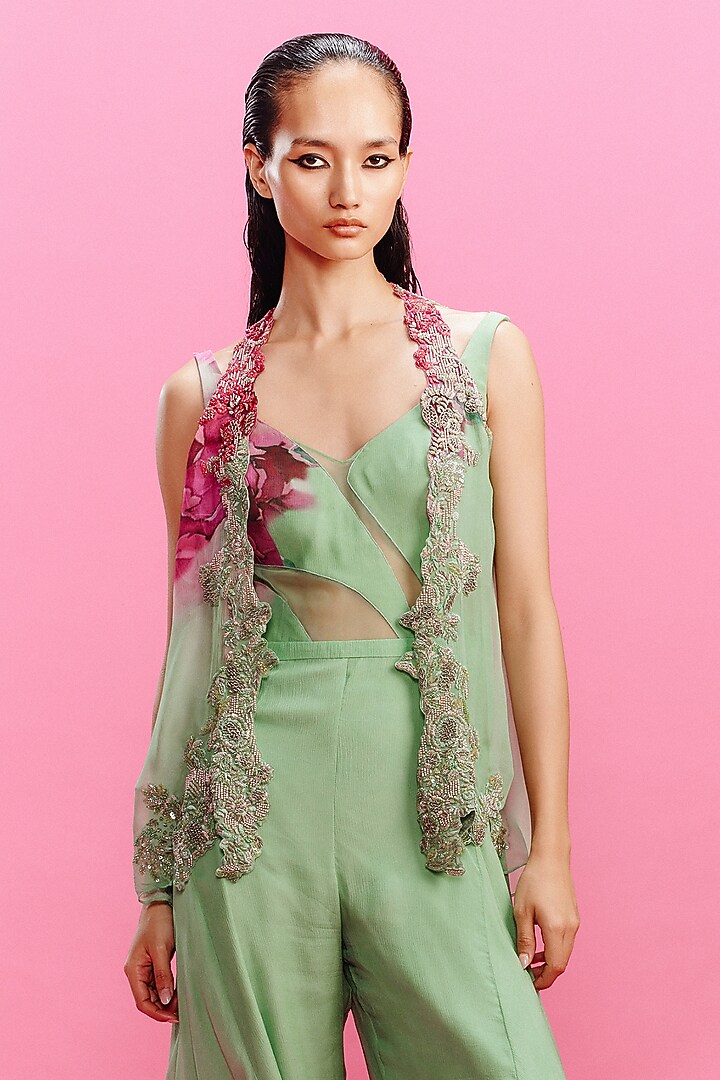 Mint Green Chiffon Floral Printed Jumpsuit With Shrug by Dolly J at Pernia's Pop Up Shop