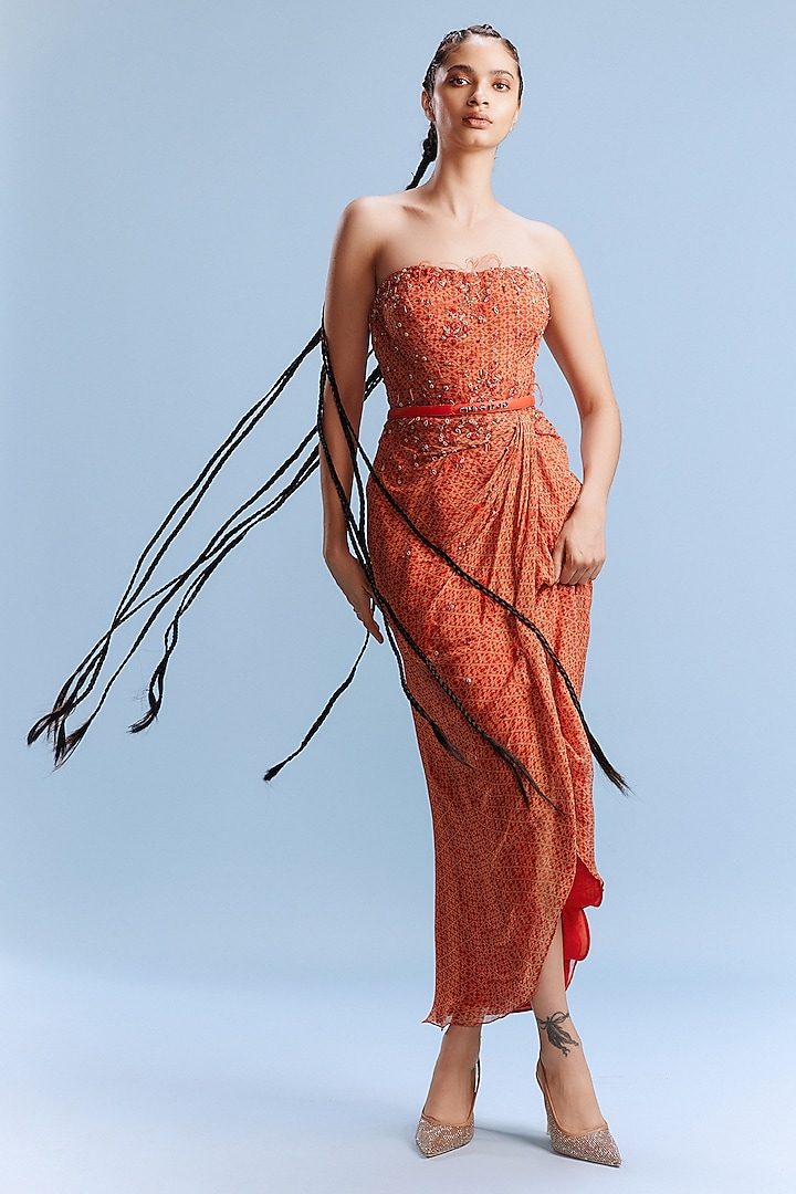 Dusky Orange Ombre Chiffon Floral Printed Draped Gown by Dolly J at Pernia's Pop Up Shop