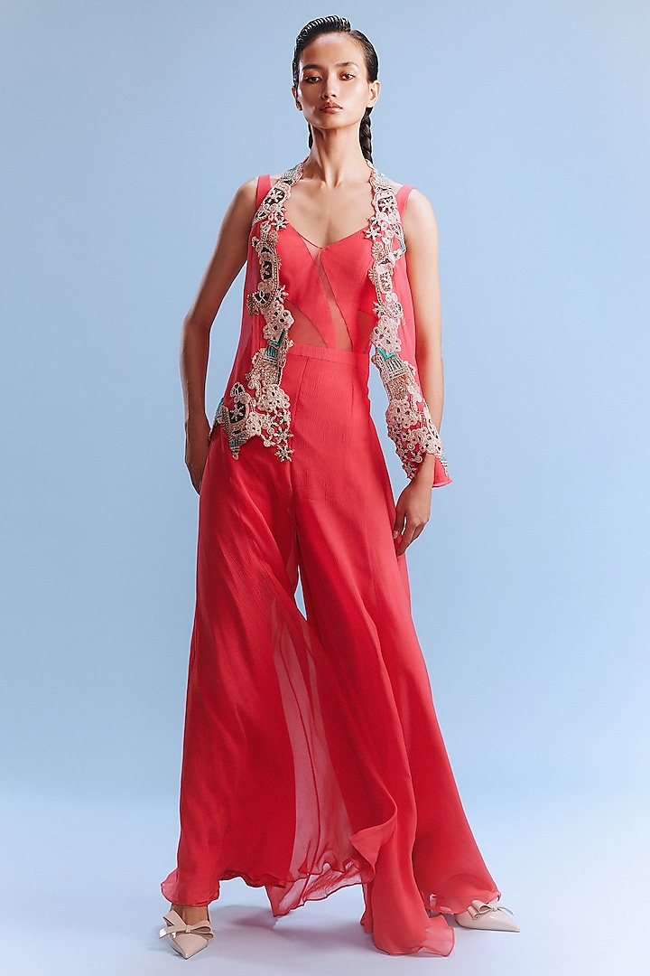 Coral Chiffon Jumpsuit With Shrug by Dolly J at Pernia's Pop Up Shop