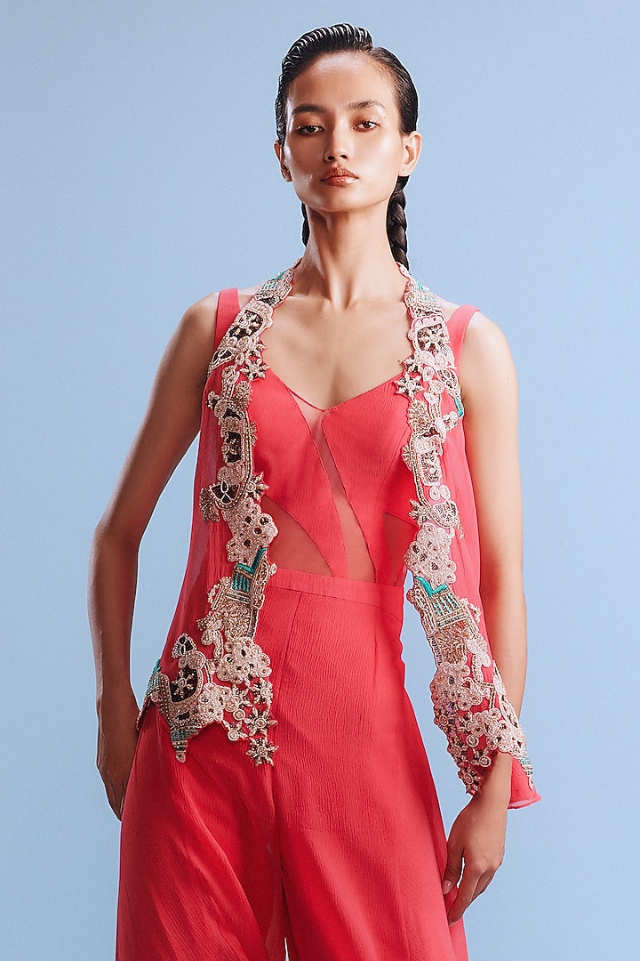 Coral Chiffon Jumpsuit With Shrug by Dolly J at Pernia's Pop Up Shop
