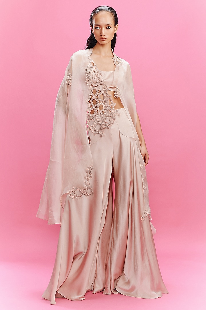 Dusky Peach Satin Draped Sharara Set by Dolly J at Pernia's Pop Up Shop