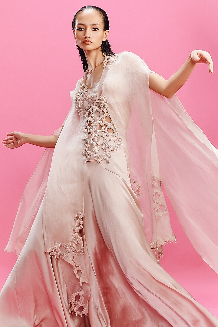 Dusky Peach Satin Draped Bridal Sharara Set by Dolly J at Pernia's Pop Up Shop