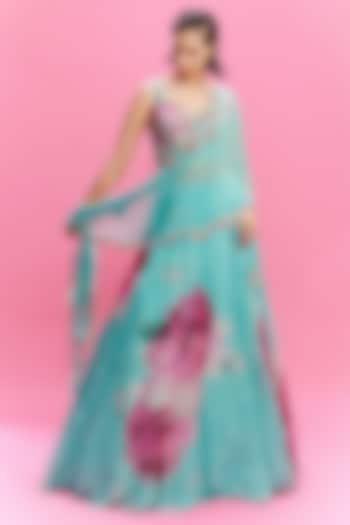 Turquoise Chiffon Floral Printed Wedding Lehenga Set by Dolly J at Pernia's Pop Up Shop