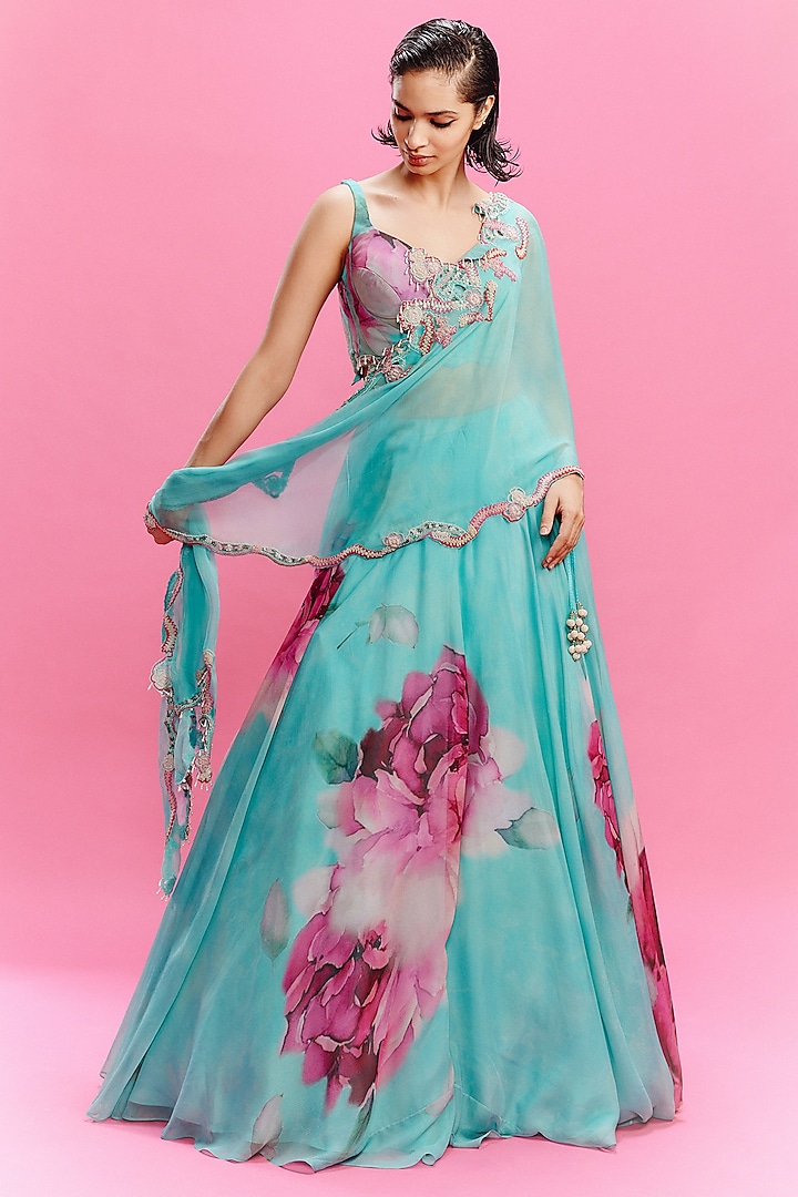 Turquoise Chiffon Floral Printed Wedding Lehenga Set by Dolly J at Pernia's Pop Up Shop