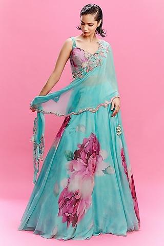 Turquoise Chiffon Floral Printed Lehenga Set by Dolly J