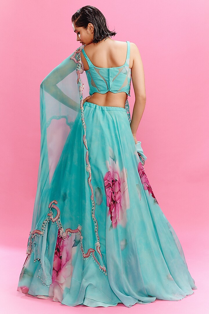 Turquoise Chiffon Floral Printed Wedding Lehenga Set by Dolly J at Pernia's Pop Up Shop