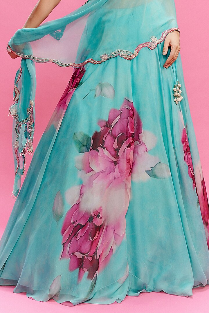 Turquoise Chiffon Floral Printed Wedding Lehenga Set by Dolly J at Pernia's Pop Up Shop