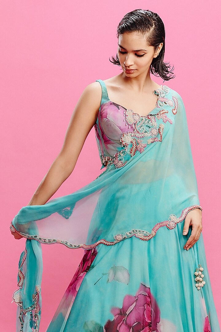 Turquoise Chiffon Floral Printed Wedding Lehenga Set by Dolly J at Pernia's Pop Up Shop