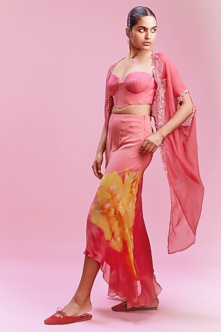 Peach Pink Chiffon Floral Printed Asymmetric Skirt Set by Dolly J