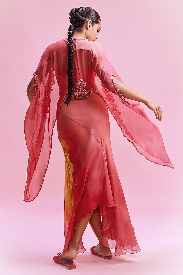 Peach Pink Chiffon Floral Printed Asymmetric Skirt Set by Dolly J at Pernia's Pop Up Shop