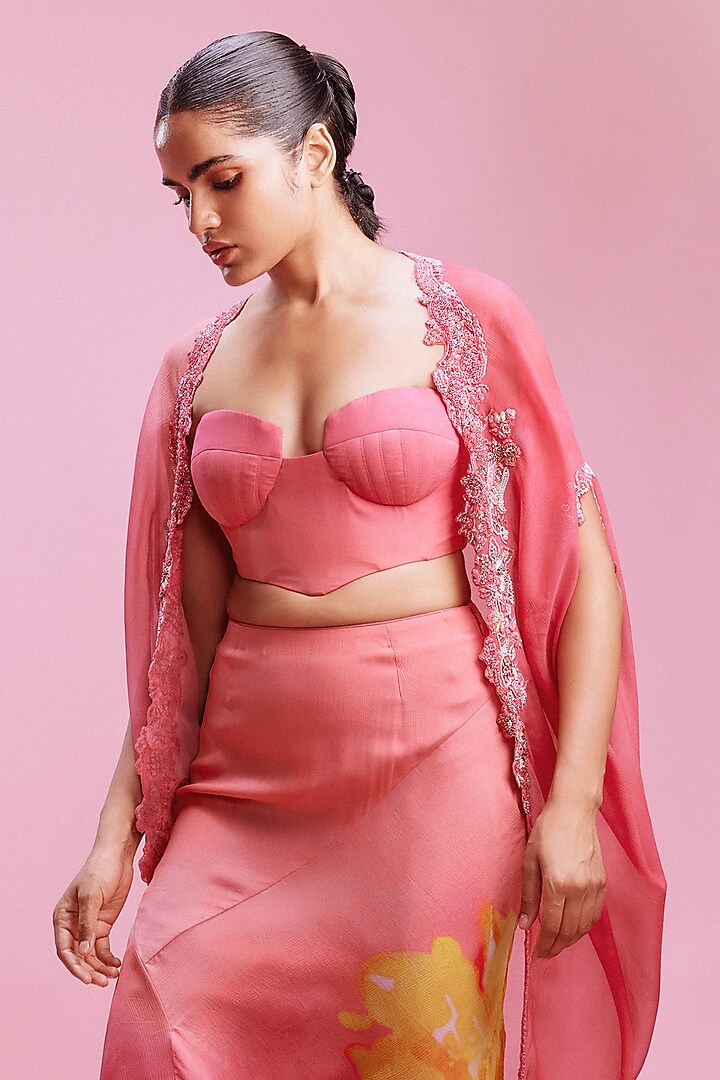 Peach Pink Chiffon Floral Printed Asymmetric Skirt Set by Dolly J at Pernia's Pop Up Shop