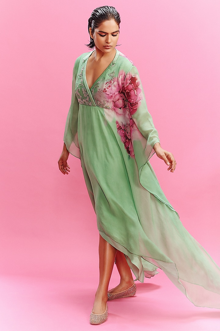 Mint Green Chiffon Floral Printed Kaftan by Dolly J at Pernia's Pop Up Shop