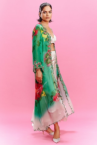 Emerald Green Satin Abstract Printed Jacket Set by Dolly J