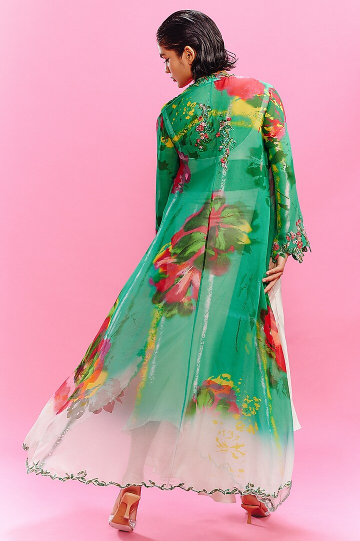 Emerald Green Satin Abstract Printed Jacket Set by Dolly J at Pernia's Pop Up Shop