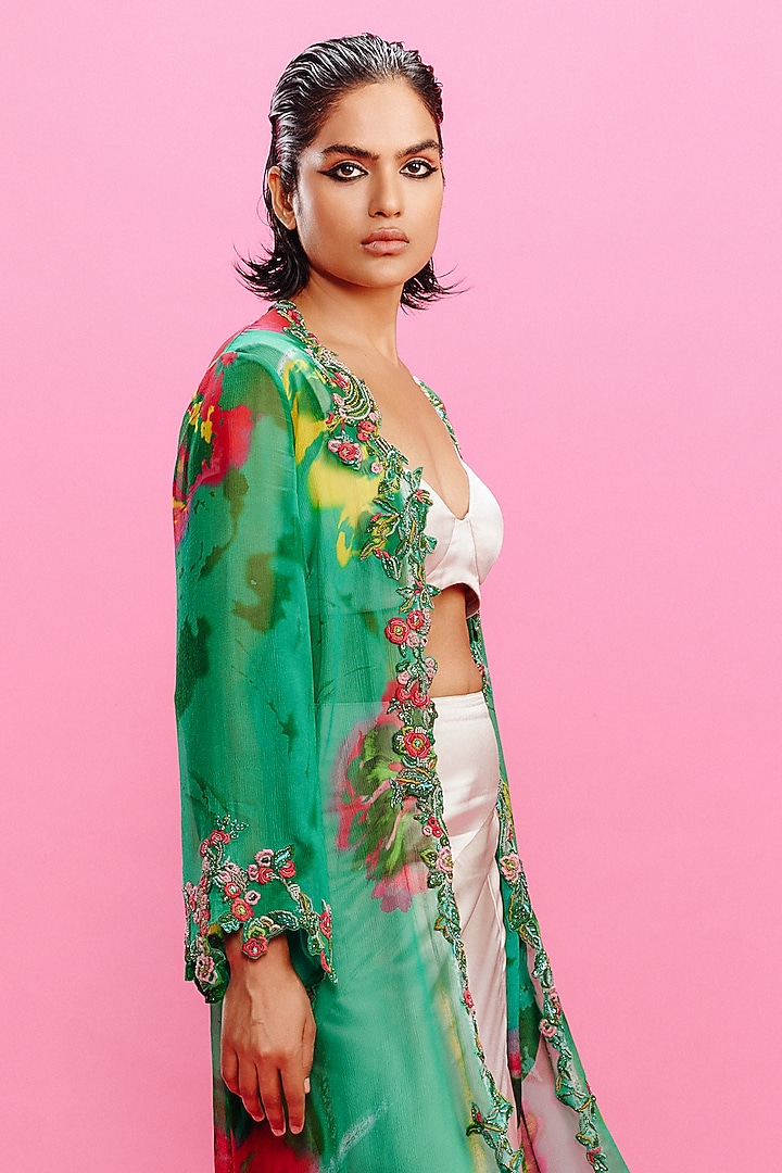 Emerald Green Satin Abstract Printed Jacket Set by Dolly J at Pernia's Pop Up Shop