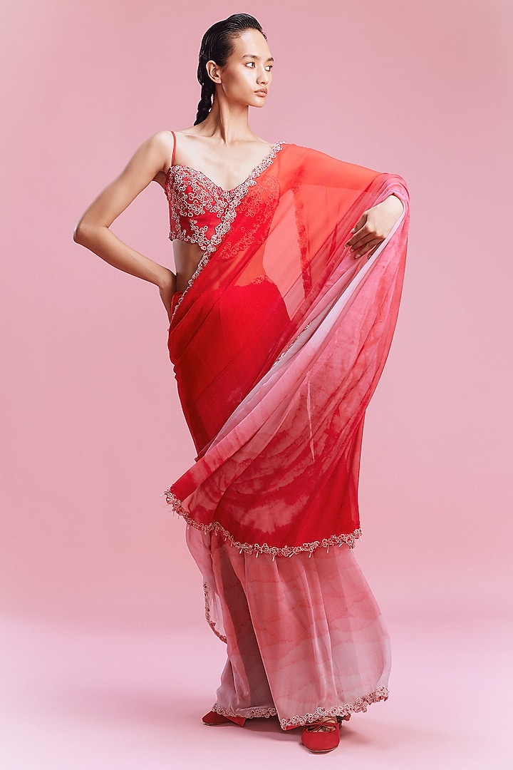 Radiant Red-Ombre Chiffon Saree Set by Dolly J