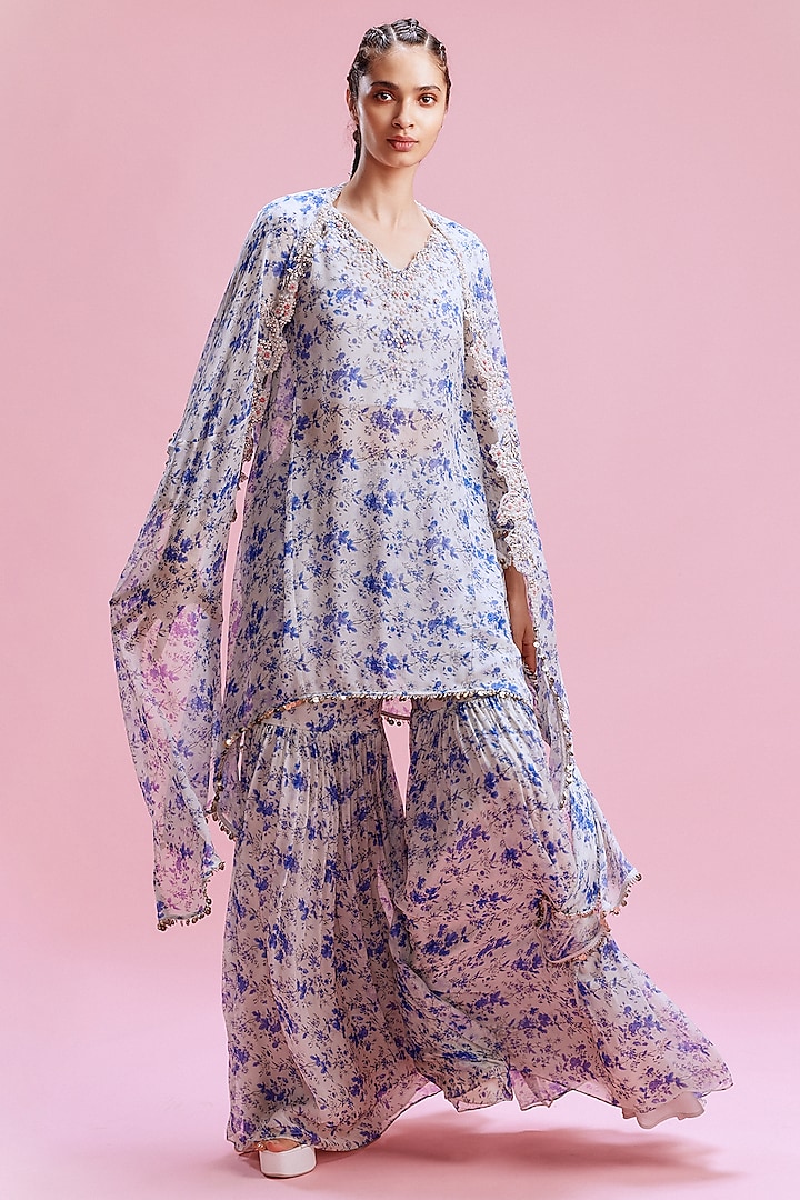 Blue & White Chiffon Floral Printed Sharara Set by Dolly J at Pernia's Pop Up Shop