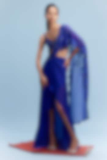 Midnight Blue Chiffon Embellished Draped High-Low Saree Set by Dolly J at Pernia's Pop Up Shop