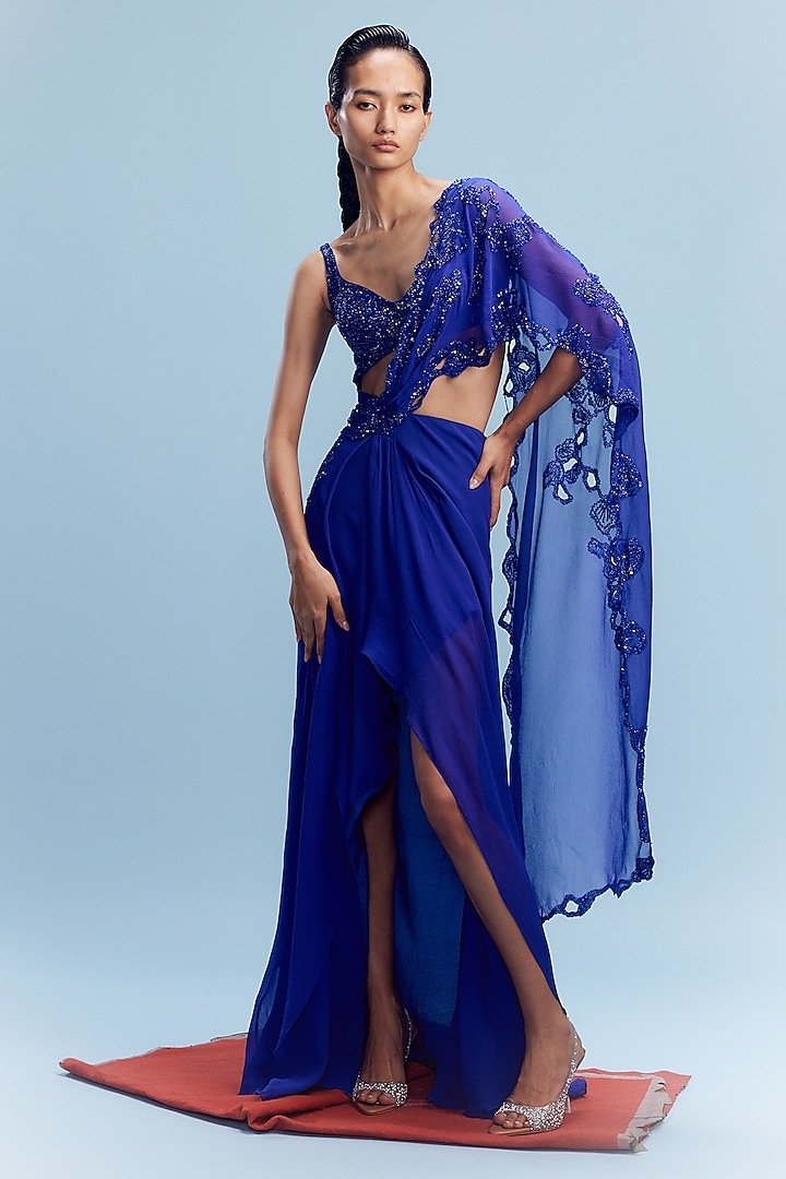 Midnight Blue Chiffon Embellished Draped High-Low Saree Set by Dolly J at Pernia's Pop Up Shop