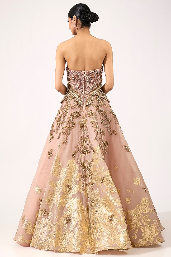 Champagne Woven Organza Jacquard Hand Embroidered Bridal Gown by Dolly J at Pernia's Pop Up Shop