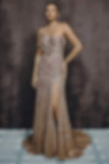 Rose Gold Tulle Sequin Hand Embroidered Bridal Gown by Dolly J at Pernia's Pop Up Shop