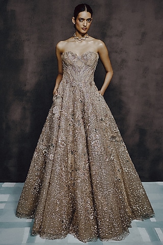 Champagne Organza Floral Hand Embroidered Ball Gown by Dolly J