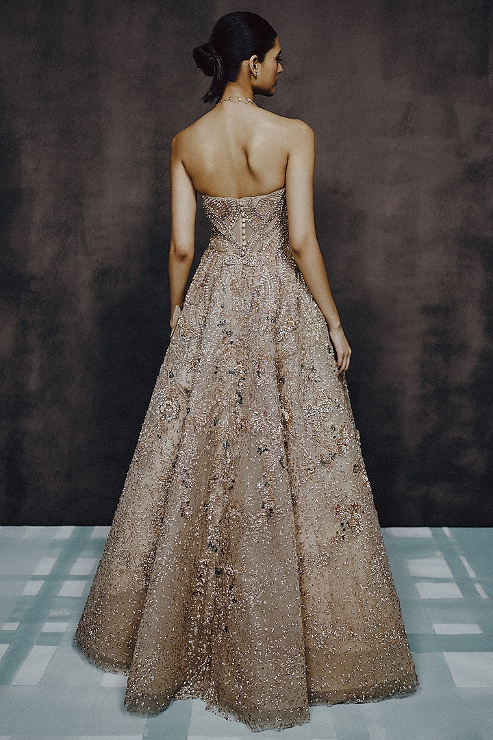 Champagne Organza Floral Hand Embroidered Ball Bridal Gown by Dolly J at Pernia's Pop Up Shop